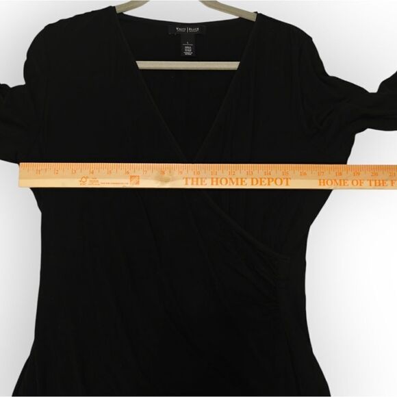 WHBM BLACK FAUX WRAP V Neck 3/4 sleeve top blouse SZ L - Picture 4 of 6